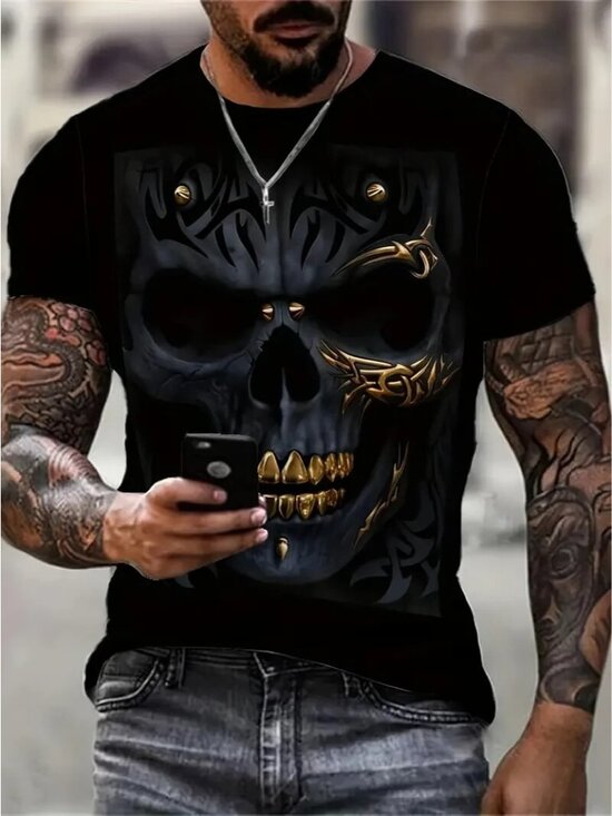 Unbranded Other - Men Graphic Skull Print Short Sleeve Black Size X-Large